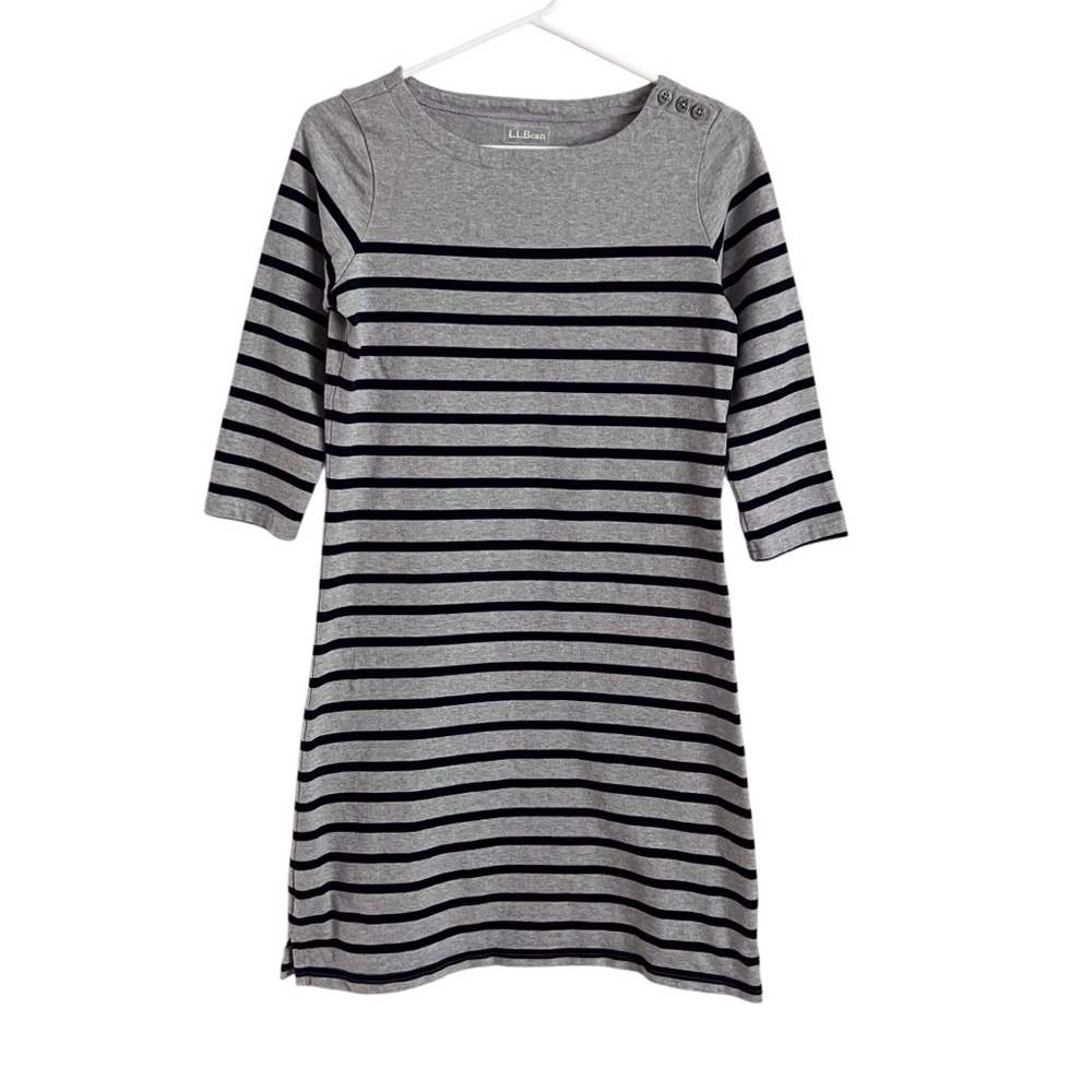 LL Bean Women's XS Stripe Dress Grey Navy Blue Button Shoulder Coastal Preppy